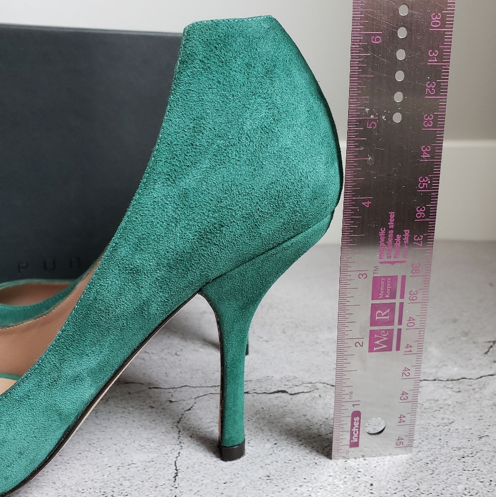 Pura Lopez Emerald Green Suede Peep Toe Pumps Sz 38.5 - Picture 15 of 15